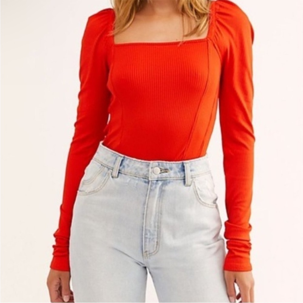 Free People It Girl Top Long Puff Sleeve Ribbed Square Neck Orange Size XS